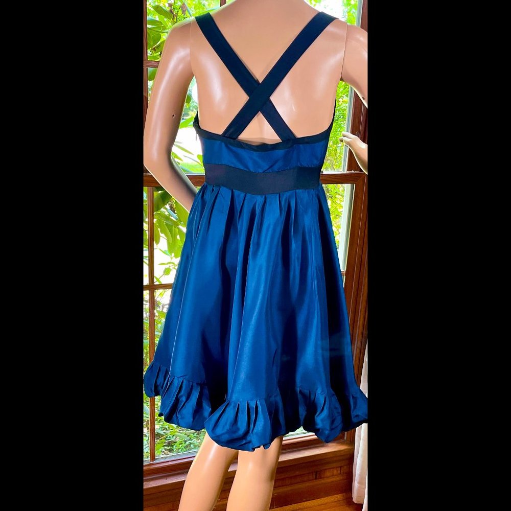 ▪️TED BAKER▪️Blue & Black Pleated Silk Satin Empire Waist Ruffle Cocktail Dress - Picture 2 of 5